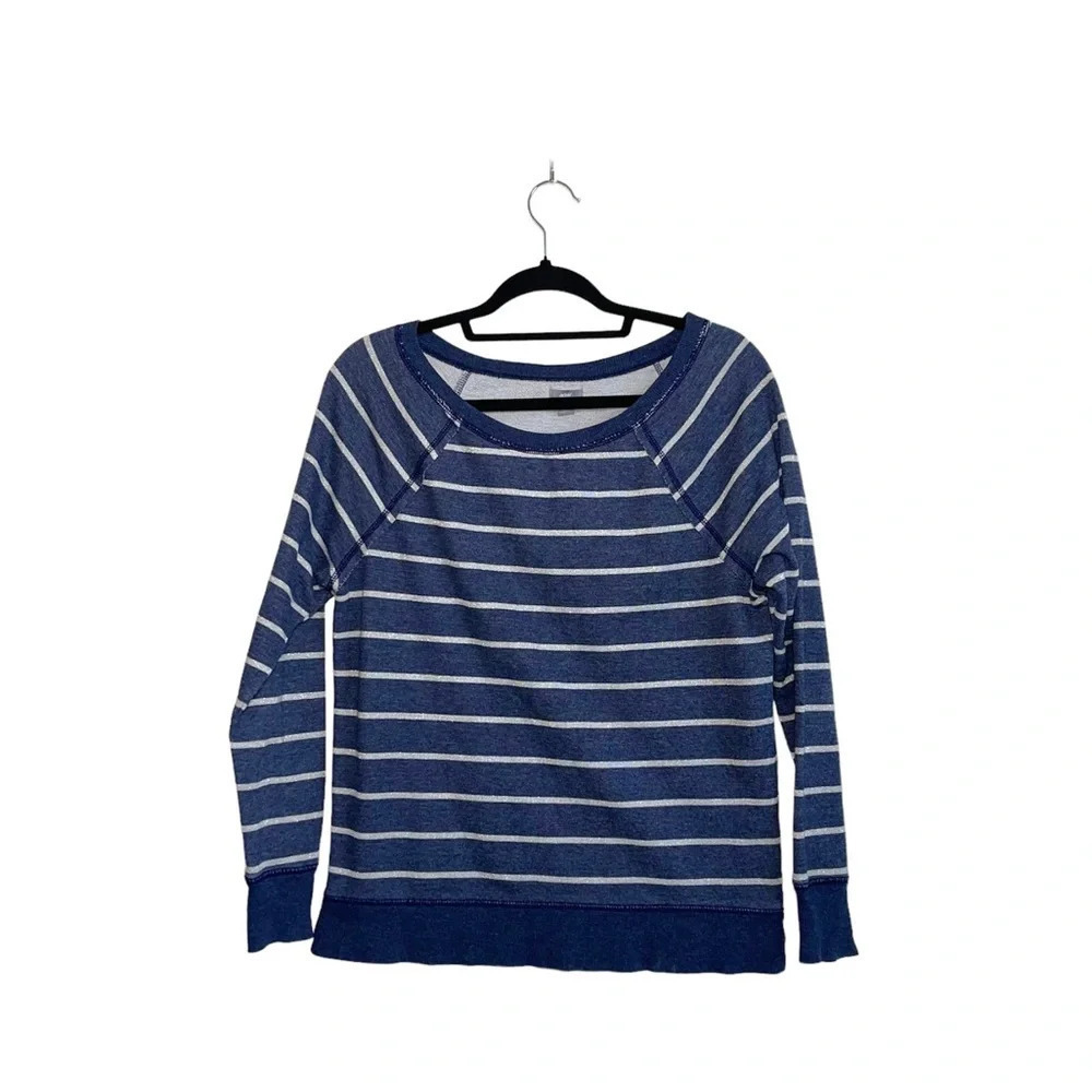 aerie Striped Sweatshirt Navy Blue & Silver Metallic Wide Neck Small Women’s